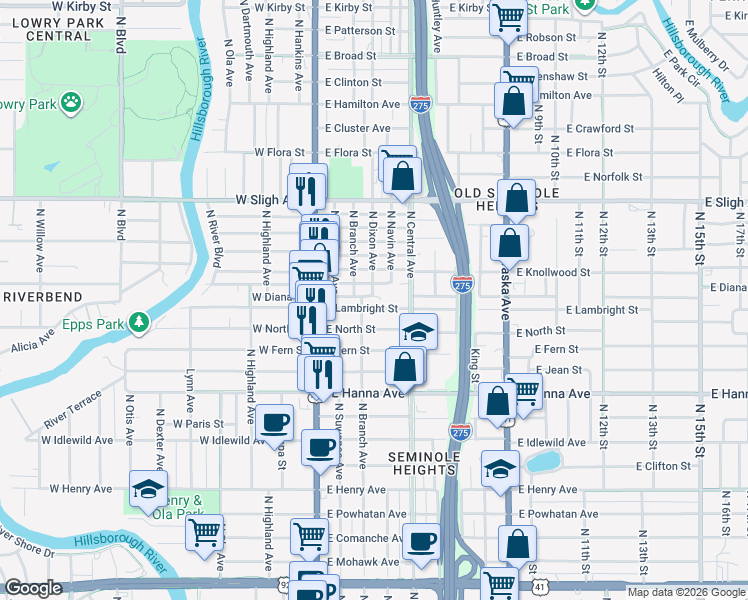 map of restaurants, bars, coffee shops, grocery stores, and more near 311 East Lambright Street in Tampa