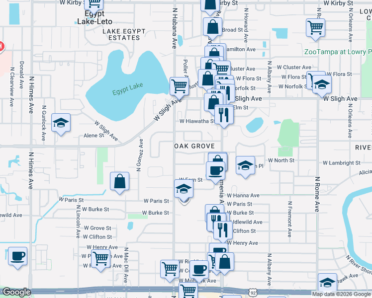 map of restaurants, bars, coffee shops, grocery stores, and more near 2530 West Diana Street in Tampa