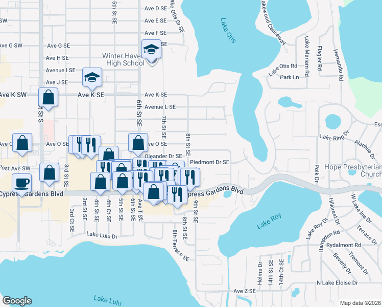 map of restaurants, bars, coffee shops, grocery stores, and more near 821 Piedmont Drive Southeast in Winter Haven