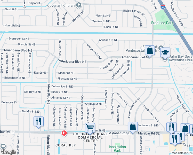 map of restaurants, bars, coffee shops, grocery stores, and more near 634 Firestone Street Northeast in Palm Bay