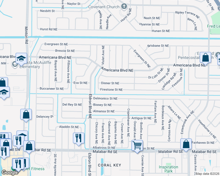 map of restaurants, bars, coffee shops, grocery stores, and more near 471 Firestone Street Northeast in Palm Bay
