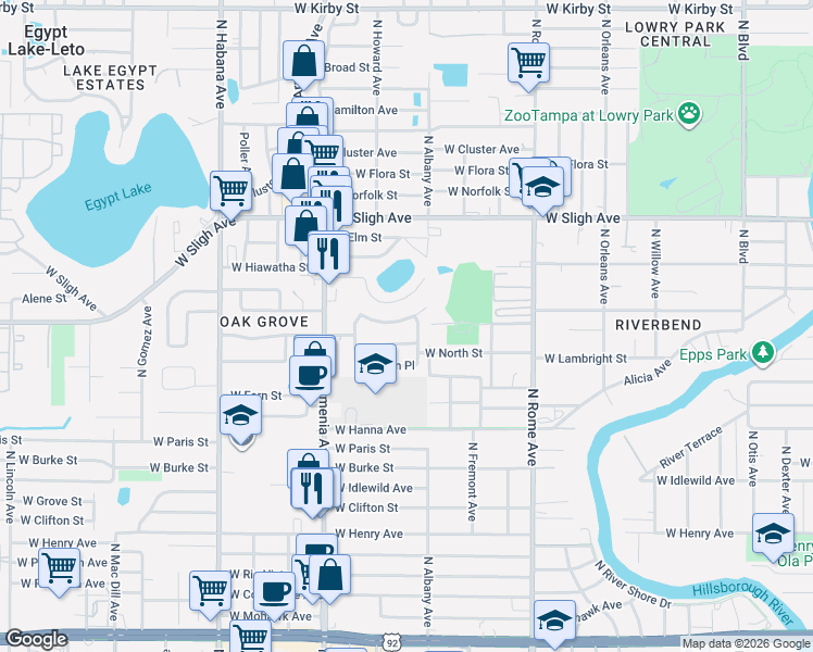 map of restaurants, bars, coffee shops, grocery stores, and more near 2310 West Knollwood Place in Tampa
