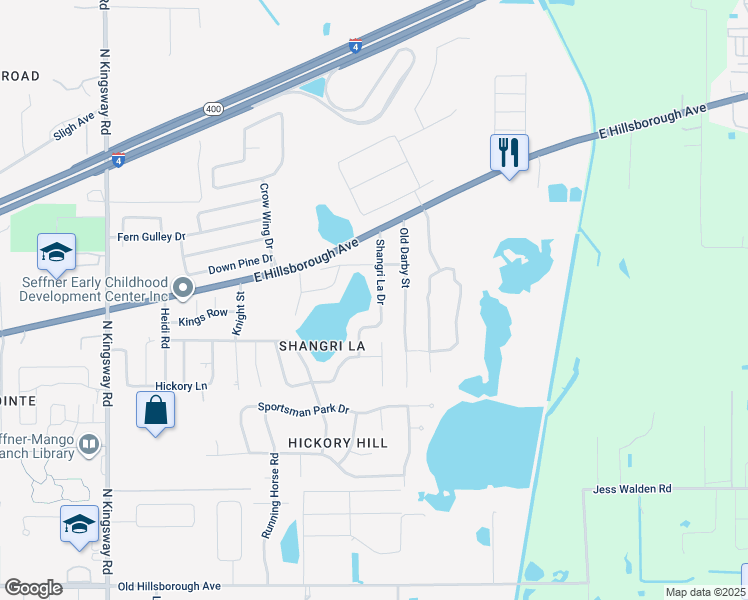 map of restaurants, bars, coffee shops, grocery stores, and more near 902 Shangri La Drive in Seffner