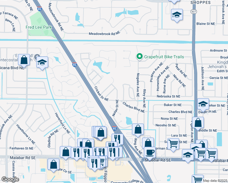 map of restaurants, bars, coffee shops, grocery stores, and more near 481 Ralwood Lane Northeast in Palm Bay