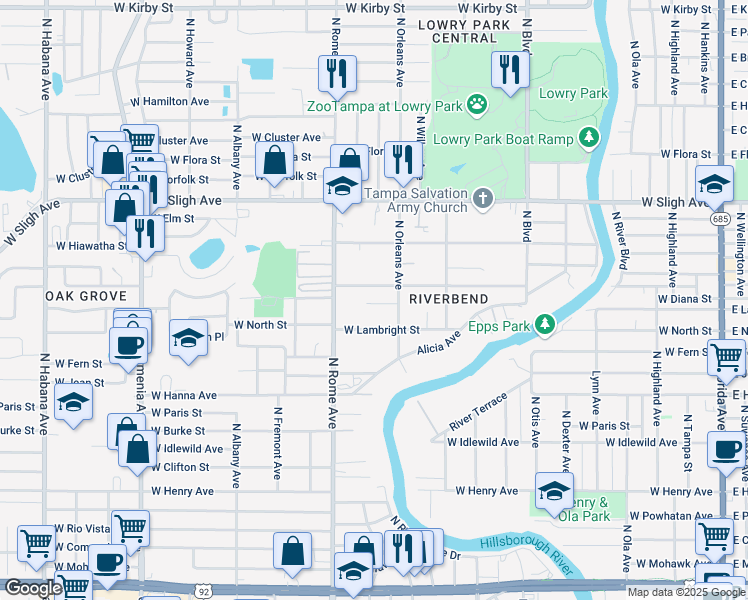 map of restaurants, bars, coffee shops, grocery stores, and more near 1510 West Le Compte Drive in Tampa