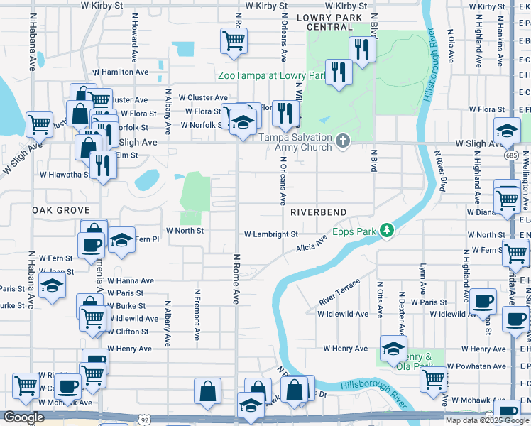 map of restaurants, bars, coffee shops, grocery stores, and more near 1510 West Le Compte Drive in Tampa