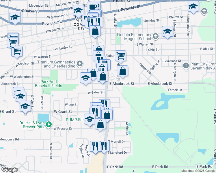 map of restaurants, bars, coffee shops, grocery stores, and more near 106 West Strickland Street in Plant City