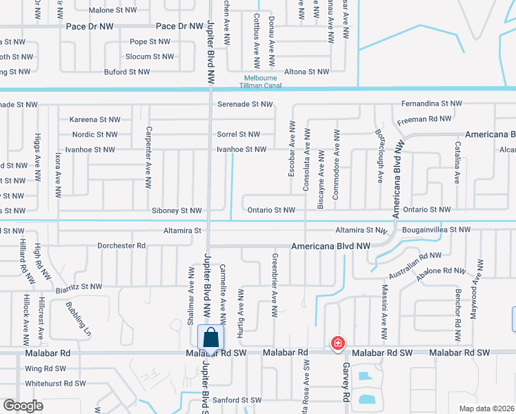 map of restaurants, bars, coffee shops, grocery stores, and more near 849 Ontario Street Northwest in Palm Bay