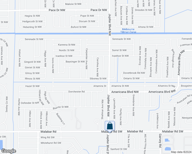 map of restaurants, bars, coffee shops, grocery stores, and more near 400 Carolina Avenue Northwest in Palm Bay