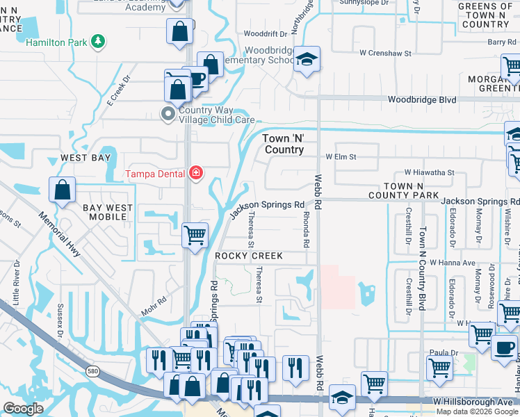 map of restaurants, bars, coffee shops, grocery stores, and more near 8336 Jackson Springs Road in Tampa
