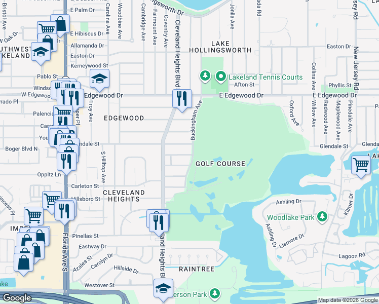 map of restaurants, bars, coffee shops, grocery stores, and more near 3123 Buckingham Avenue in Lakeland
