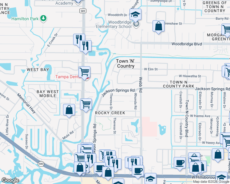 map of restaurants, bars, coffee shops, grocery stores, and more near 6412 Theresa Street in Tampa