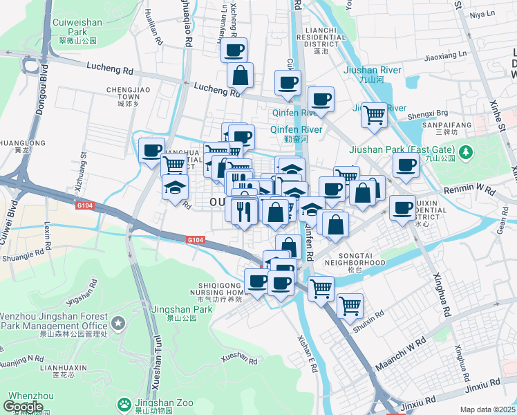 map of restaurants, bars, coffee shops, grocery stores, and more near in Wenzhou