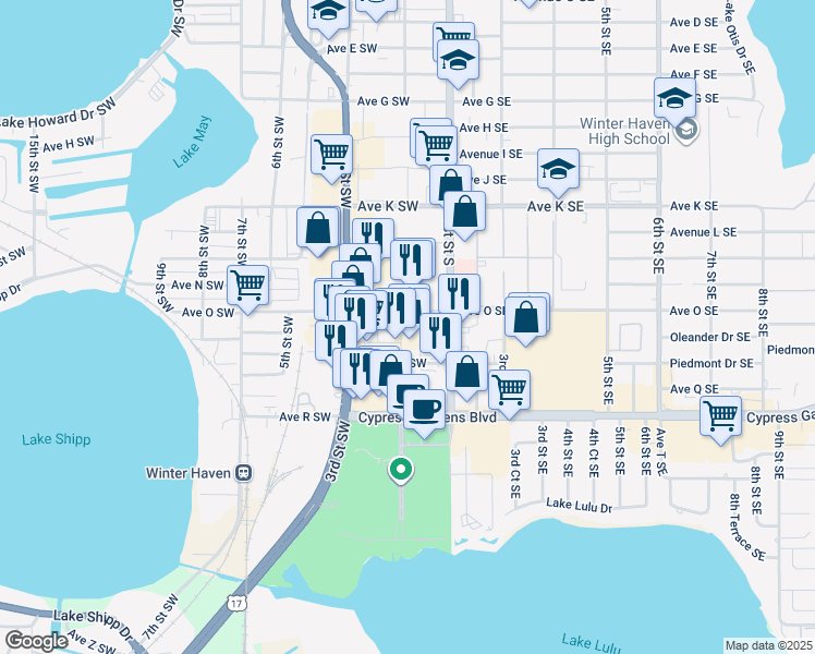 map of restaurants, bars, coffee shops, grocery stores, and more near 1544 Avenue O Southwest in Winter Haven