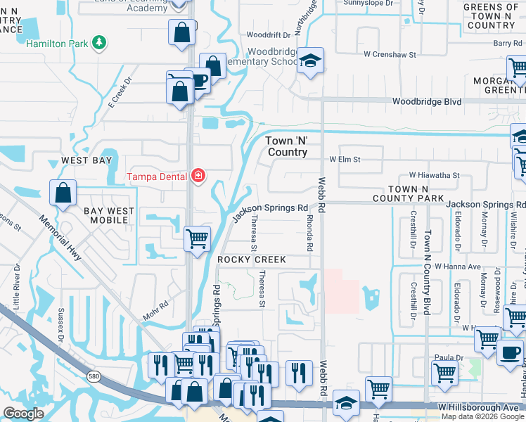 map of restaurants, bars, coffee shops, grocery stores, and more near 6412 Theresa Street in Tampa