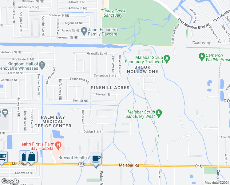 map of restaurants, bars, coffee shops, grocery stores, and more near 2293 Hialeah Street in Palm Bay