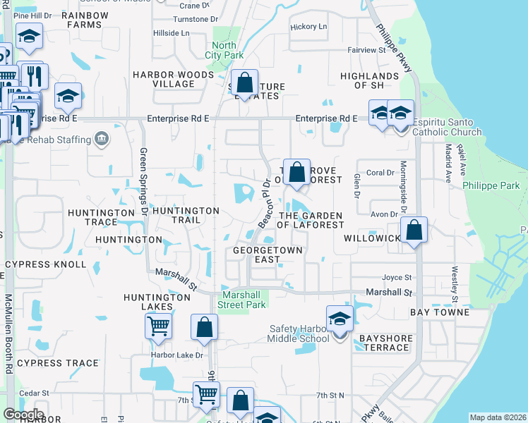 map of restaurants, bars, coffee shops, grocery stores, and more near 602 Quail Keep Drive in Safety Harbor