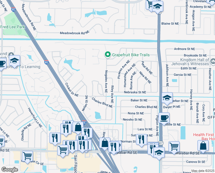 map of restaurants, bars, coffee shops, grocery stores, and more near 415 Nogales Avenue Northeast in Palm Bay