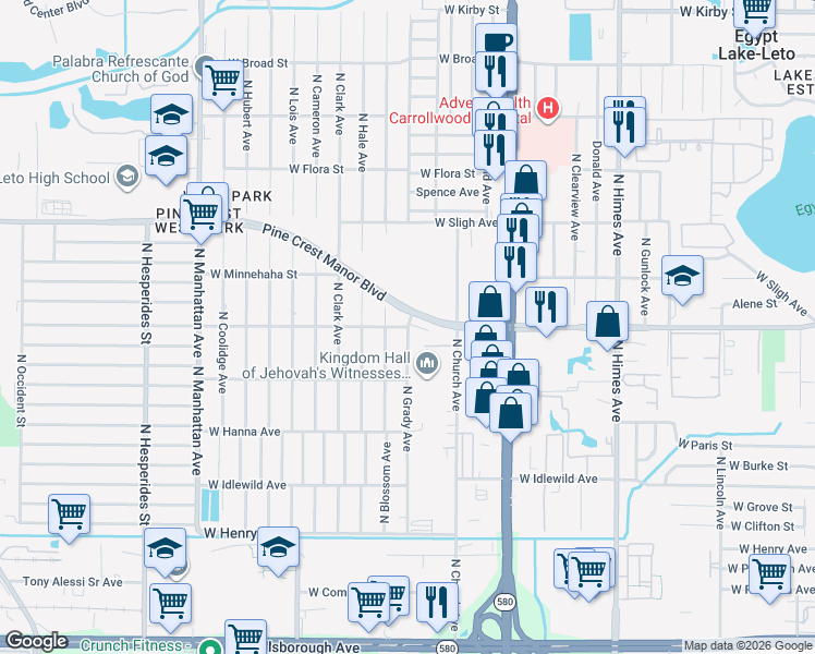 map of restaurants, bars, coffee shops, grocery stores, and more near 3800 West Lambright Street in Tampa