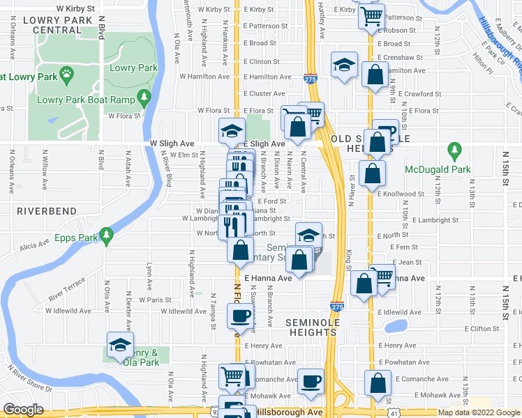 map of restaurants, bars, coffee shops, grocery stores, and more near 6502 North Branch Avenue in Tampa