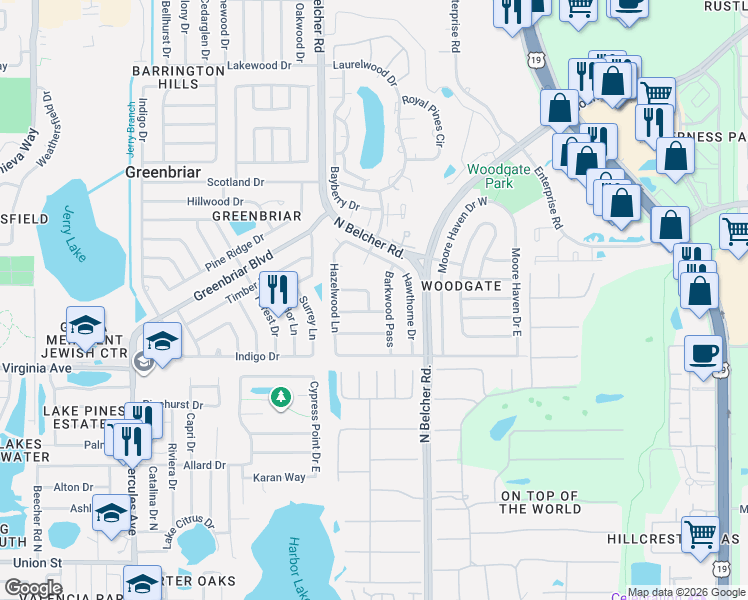 map of restaurants, bars, coffee shops, grocery stores, and more near 2251 Tulip Tree Lane in Clearwater