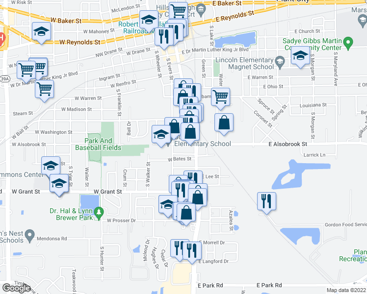 map of restaurants, bars, coffee shops, grocery stores, and more near 109 West Alsobrook Street in Plant City
