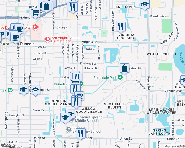map of restaurants, bars, coffee shops, grocery stores, and more near 955 Grovewood Drive in Dunedin