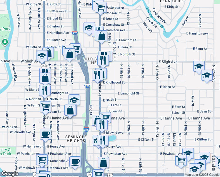 map of restaurants, bars, coffee shops, grocery stores, and more near 905 East Lambright Street in Tampa