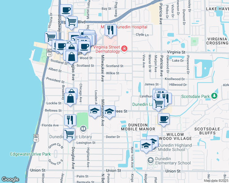 map of restaurants, bars, coffee shops, grocery stores, and more near 633 Lyndhurst Street in Dunedin