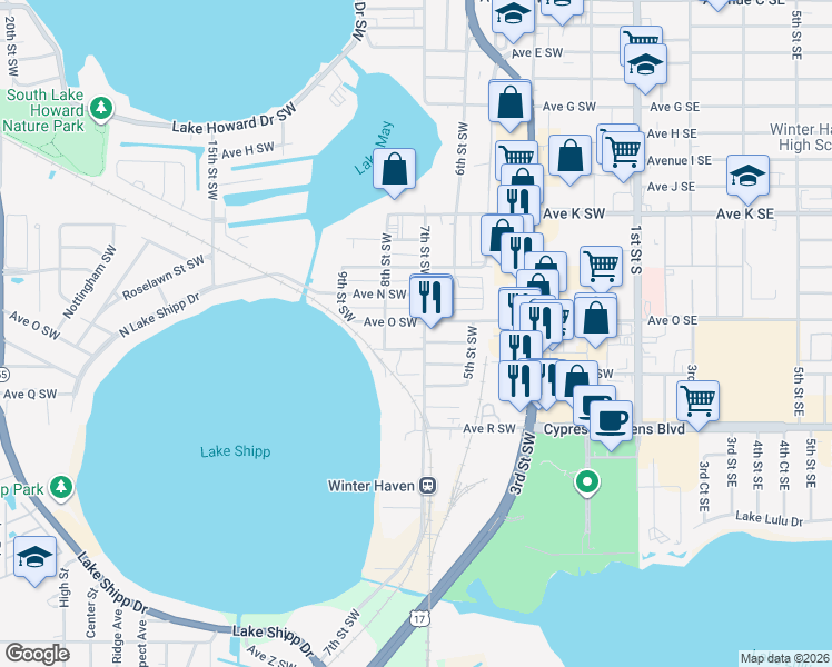 map of restaurants, bars, coffee shops, grocery stores, and more near 1547 7th Street Southwest in Winter Haven