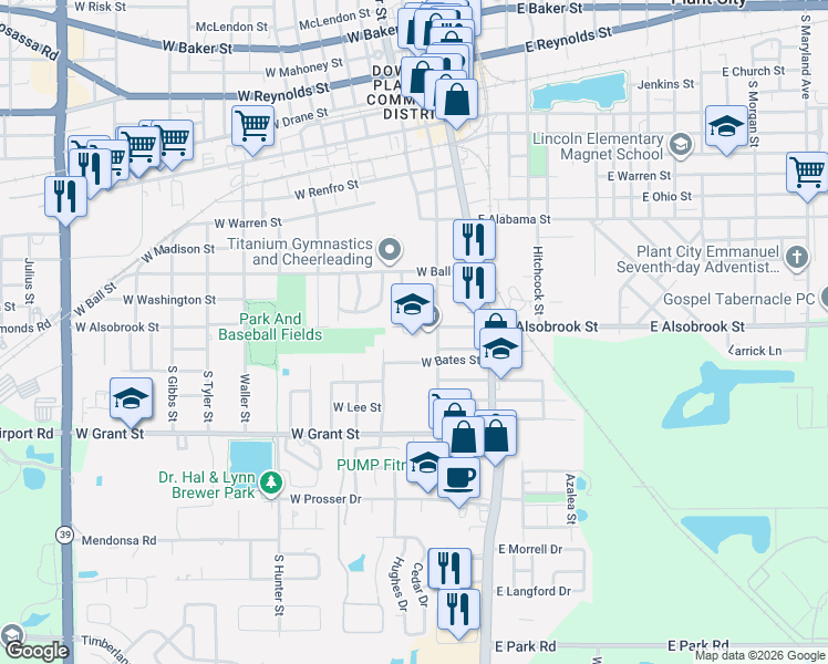 map of restaurants, bars, coffee shops, grocery stores, and more near 406 West Merrick Street in Plant City