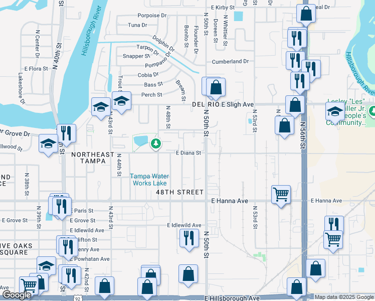 map of restaurants, bars, coffee shops, grocery stores, and more near 6422 North 49th Street in Tampa