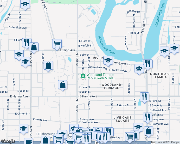 map of restaurants, bars, coffee shops, grocery stores, and more near 3210 East Lambright Street in Tampa
