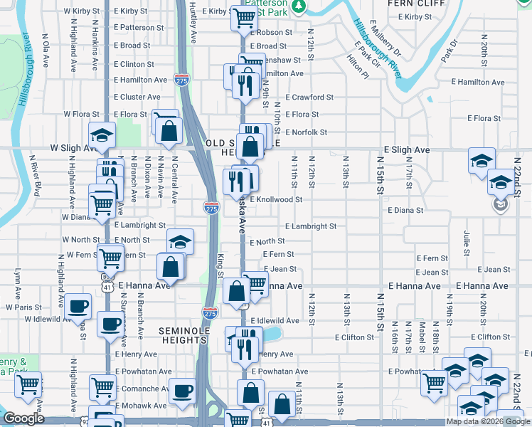 map of restaurants, bars, coffee shops, grocery stores, and more near 905 East Lambright Street in Tampa