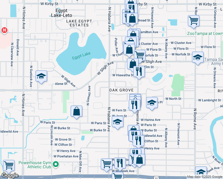map of restaurants, bars, coffee shops, grocery stores, and more near 2530 West Diana Street in Tampa