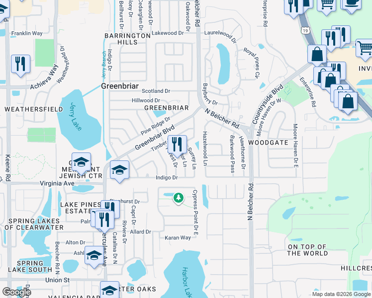 map of restaurants, bars, coffee shops, grocery stores, and more near 2332 Surrey Lane in Clearwater