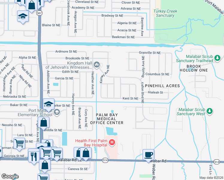 map of restaurants, bars, coffee shops, grocery stores, and more near 411 Buffum Avenue Northeast in Palm Bay