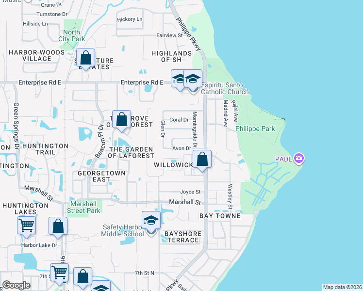 map of restaurants, bars, coffee shops, grocery stores, and more near 1225 Willowick Circle in Safety Harbor
