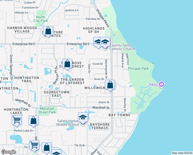 map of restaurants, bars, coffee shops, grocery stores, and more near 1225 Willowick Circle in Safety Harbor