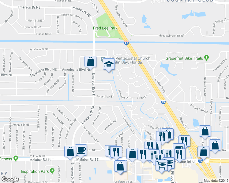 map of restaurants, bars, coffee shops, grocery stores, and more near 437 Forgal Avenue Northeast in Palm Bay