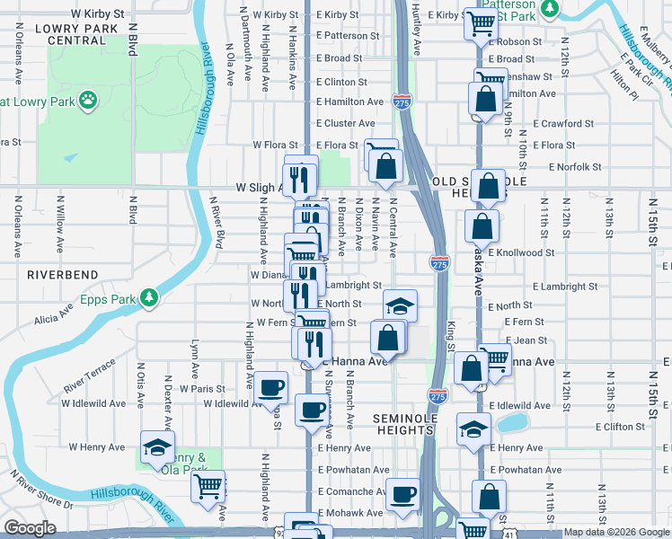 map of restaurants, bars, coffee shops, grocery stores, and more near 113 East Lambright Street in Tampa