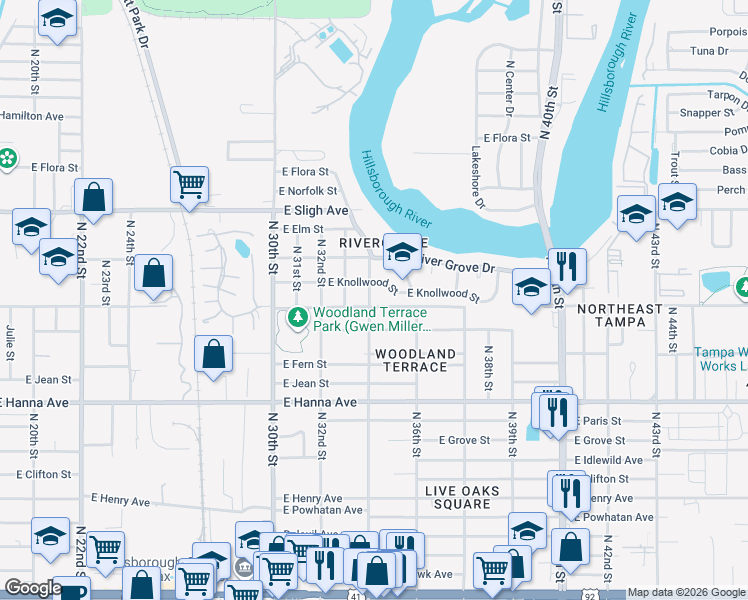 map of restaurants, bars, coffee shops, grocery stores, and more near 6501 North 34th Street in Tampa