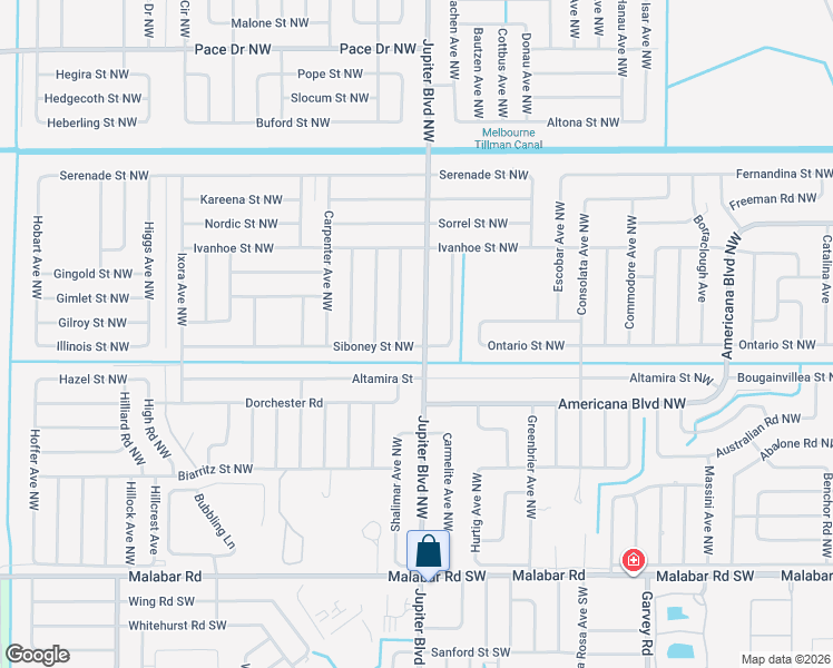 map of restaurants, bars, coffee shops, grocery stores, and more near 1366 Jupiter Boulevard Northwest in Palm Bay