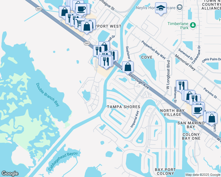 map of restaurants, bars, coffee shops, grocery stores, and more near 10741 Drummond Road in Tampa