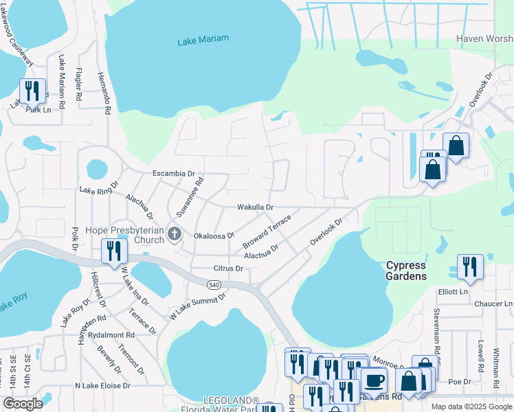 map of restaurants, bars, coffee shops, grocery stores, and more near 684 Wakulla Drive in Cypress Gardens