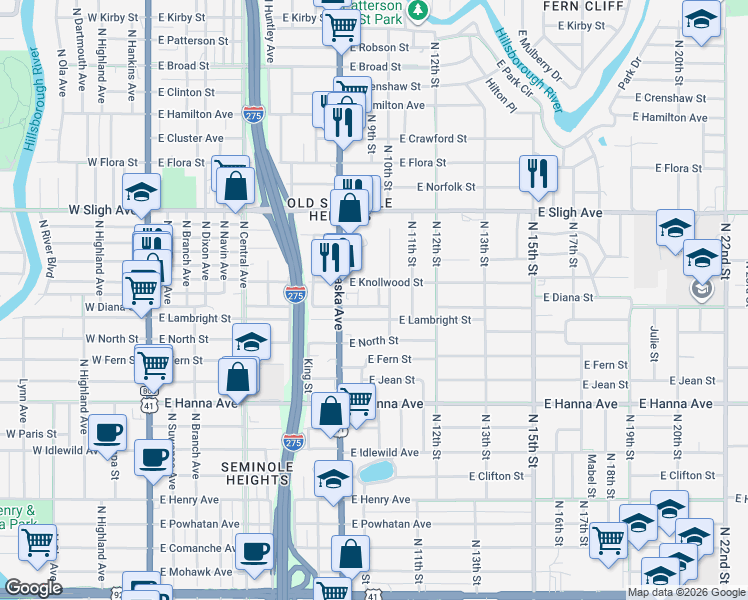 map of restaurants, bars, coffee shops, grocery stores, and more near 906 East Knollwood Street in Tampa