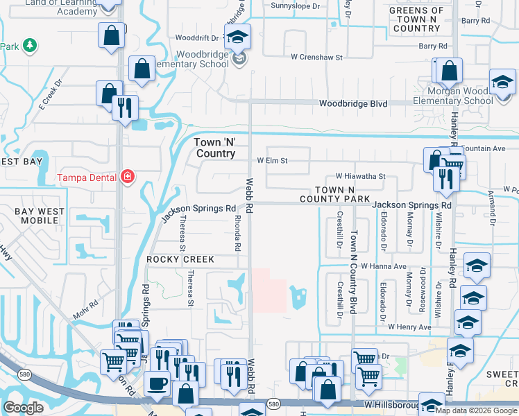 map of restaurants, bars, coffee shops, grocery stores, and more near 6603 Webb Road in Tampa