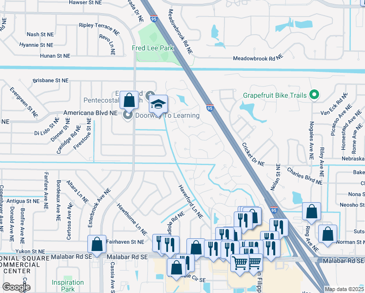map of restaurants, bars, coffee shops, grocery stores, and more near 388 Holiday Park Boulevard Northeast in Palm Bay