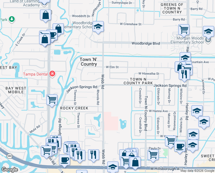 map of restaurants, bars, coffee shops, grocery stores, and more near 6603 Webb Road in Tampa