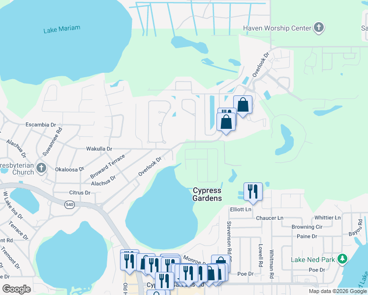 map of restaurants, bars, coffee shops, grocery stores, and more near 351 Overlook Drive in Winter Haven